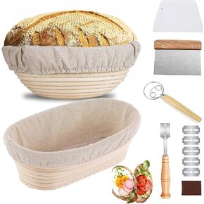 Sourdough Bread Baking Supplies, 9 Inch Round Bread Banneton Proofing Basket & 10 Inch Oval Proofing Basket with Liner Sourdough Starter Kit for Making Baking Fermentation