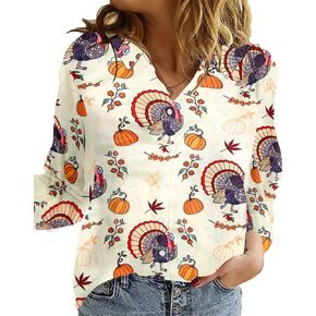 Thanksgiving Turkey Shirt Women Thanksful Turkey Pumpkin Graphics Button Down Blouse Turkey Long Sleeve Holiday Tops
