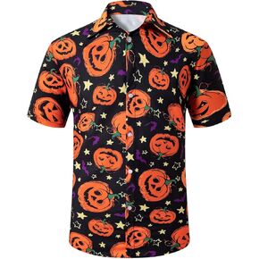 Men Halloween Funny Skull Shirt Pumpkins Button Down Short Sleeve Shirts