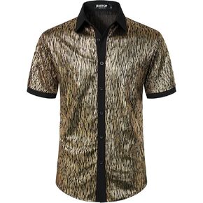 Men's Shiny Metallic Sequin Stretchy Short Sleeve Button Down Shirts for 70s Disco Party Halloween