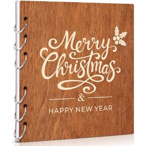 Fullhawl Christmas Wooden Photo Scrapbook Album Christmas Memory Book 9.1 x 9.5 Inches120 Pages Christmas Journal Holds 4x6 5x7 8x10 A4 A5 Picture for Family Xmas Holiday Gifts