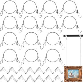 14 Pack Picture Rail Hanging System, 3.3 Ft Stainless Steel Wire Picture Rail Hanging with Rail Hooks Loop and Hook, Adjustable Photo Hooks for Wall Picture, Exhibition, Art Gallery Display