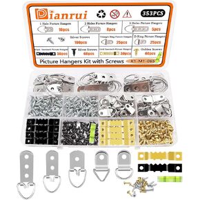 Dianrui 353PCS Picture Hanging Kit with Screws, Saw-tooth, D Ring Picture Hangers Assortment, Picture Hanging Hardware Tool for Frame Hanging - 7 Models