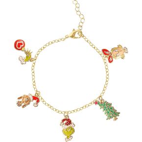 SALLY ROSE The Grinch Charm Bracelet for Women Official License, 6.5"+1" 18k Gold Flash-Plated Christmas Bracelet with 5 Grinch Charms