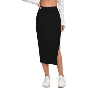 ALYNE Women's Elastic Waist Pencil Bodycon Midi Skirt - High Waisted with Side Slit Below Knee Length Elegance for Women