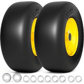 13x5.00-6 Flat Free Lawn Mower Tires, Zero Turn Front Wheel 13x5x6 Solid Mower Flat Free Tire Assembly, with 5/8" & 3/4" Grease Bushing, 3.25"-5.9" Center Hub, Load 500lbs, 2Pack Yellow