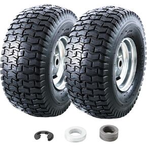 15x6.00-6 Lawn Mower Tires and Wheel Assembly, Front Tires Replacement, Compatible with John Deere & More Riding Mowers, 4 Ply Pneumatic, 3" Centered Hub, 3/4" Bearings, 2PCS