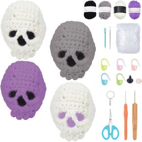 BEUNITONE Skull Crochet Kit for Beginners 8 Set Halloween Skull Crocheting Starter Kit Mini Crochet Kit Set for Adults Beginners Easy with Step-by-Step Instructions for Halloween Christmas Gifts