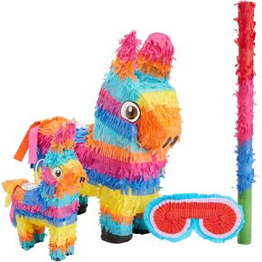 BLUE PANDA - 4-Piece Set Small and Mini Donkey Pinata with Stick and Blindfold for Birthday Party, Mexican Fiesta, Cinco de Mayo