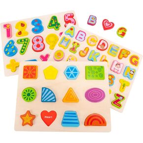 Wooden Alphabet Number Shape Learning Puzzles for Toddlers, 3 in 1 ABC Letter Puzzle Board Set for Kids Ages 3-5 Educational Alphabet Learning Toys for Preschoolers Boys Girls Gifts