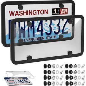 2 Pcs License Plate Frames Clear License Plate Covers, License Plate Protector Car License Plates Holder Front Rear Protector with Screw Caps Car Tag Cover Kit