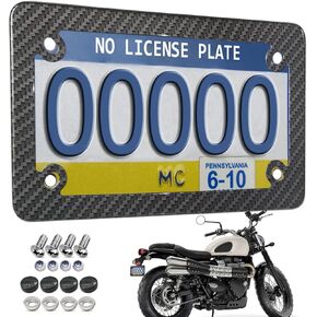 Motorcycle License Plate Frame Carbon Fiber, Stainless Steel Tag Holder Bracket with Screws Nuts Caps, 1 Pack for Moto Moped Motorbike Scooter Bike(Carbon Pattern)