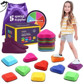 Special Supplies 10 Stepping Stones (5 Heart + 5 Square) for Kids Indoor and Outdoor Balance Blocks Promote Coordination, Balance Strength Child Safe Rubber, Non-Slip Edging