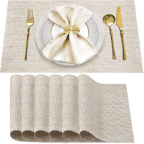 Table Mats Set of 8 Beige Washable& Wipeable Plastic Placemats for Kitchen Indoor Outdoor Heat Resistant Non Slip Woven Vinyl Table Placemats Protect Dining Table Place mats (Beige)