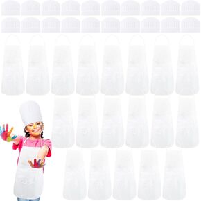 40 Pcs DIY Kids Apron and Chef Hat Set Including 20 Pcs Children White Apron 20 Pcs Adjustable Chef Hat Child White Aprons with Pocket for Boys Girls Cooking Baking Painting Wear