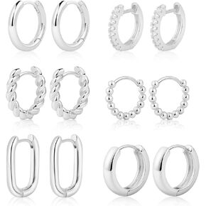 Silver Hoop Earrings Set for Women, 6 Pairs Sterling Silver Twisted Small Huggie Hoop Earring Lightweight Hypoallergenic Earring Set Dainty Cartilage Earring Trendy Jewelry Gifts