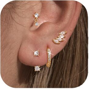 LOLIAS 4 Pairs 14K Gold Stud Earrings for Women - Dainty Hypoallergenic Flat Back Cartilage Earring Sets for Multiple Piercing - Silver Gold Small Dangle Huggie Hoop Stud Earrings Stacks