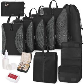 Compression Packing Cubes 12 Set, Suitcase Organizers, Luggage Organizer Bags for Travel, Extendable Packing Cubes for Travel Compression, Travel Essentials, Beige