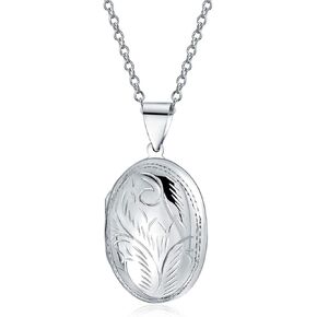 Personalized Engrave Vintage Style carved Floral Leaf Photo Oval Shape Lockets For Women That Hold Pictures .925 Silver Locket Necklace Pendant Sm Med LG