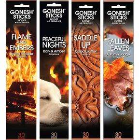Gonesh Scents of Fall - Incense Sticks Variety Pack - Non-Toxic 10" Slow Burn Aromatic Sticks - Bark & Amber, by The Fireside, Autumn Lodge, Tooled Leather - 30 Sticks Each