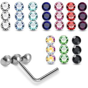 20 Pieces Box Set of Mix Colored Triple Round Crystal Stone Top 22 Gauge 925 Sterling Silver L Shape Nose Stud