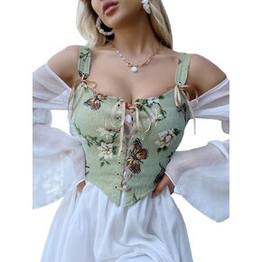 WDIRARA Women's Butterfly Floral Print Corset Lace Up Sleeveless Shapewear Tops