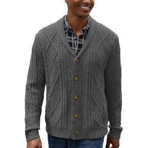 Men's Cable Knit Cardigan Sweater Shawl Collar Long Sleeve Buttons Down Sweater with Pockets