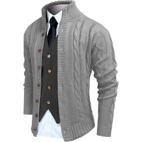 COOFANDY Men's Cardigan Sweater Slim Fit Stand Collar Cardigan Casual Cable Knitted Button Down Sweater with Pockets