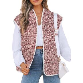MEROKEETY Cap Sleeve Quilted Vest Floral Print Lightweight Sleeveless Open Front Cardigan Outwear