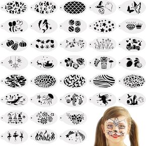 Jecery 36 Pcs Face Paint Stencils Reusable Makeup Temporary Tattoos Stencils Body Face Painting Stencil Mermaid Unicorn Leopard Tattoo Witch Ghost Pumpkin Skull Templates for Halloween (Fresh Pattern)