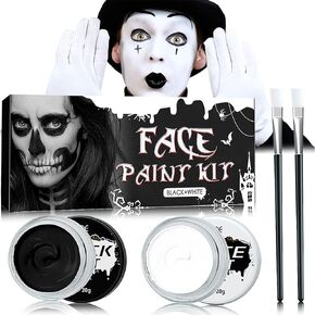 Black White Face Body Paint with 2 Pcs Painting Brushes Set,Halloween Face Body Paint Palette Face Painting Makeup Kit for Adult,Clown SFX White Zombie Costume Cosplay Makeup