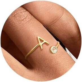 MBW Gold Initial Ring with Diamond for Women, Dainty & Simple 14k Adjustable Letter Rings for Womens, Non Tarnish Unique Stackable Gold Plated Open Ring for Pinky and Thumb Finger, Size 5 6 7 8 9