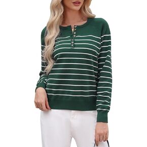 Totatuit Women's Striped Pullover Sweaters 2024 Long Sleeve Casual Button Down Sweaters Crewneck Knit Tops