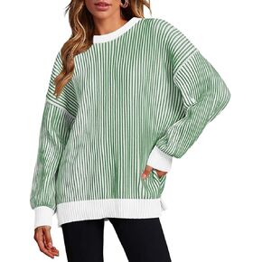 Zeagoo Women 2024 Winter Oversized Sweater Crew Neck Long Sleeve Color Block Pullover Rib Knit Blouse Tops XS-2XL
