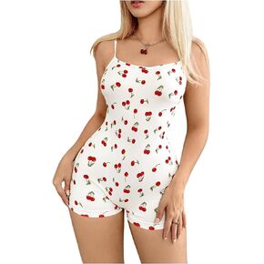 Floerns Women's Summer Cherry Print Tie Back Y2k Bodycon Unitard Short Jumpsuit Catsuit