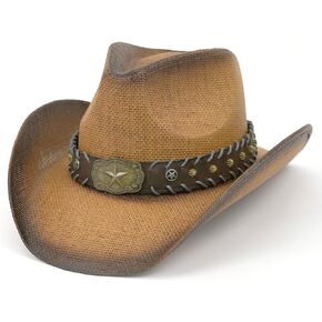 Straw Cowboy Hat, Woven Straw Hats for Men & Women, Straw Cattleman Crease Western Hats, Wide Brim Cowgirl Hat for Horse Riding and Everyday wear Light Brown