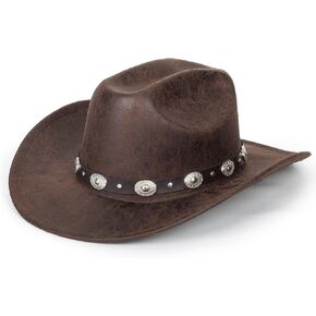 Classic-PU Leather-Western-Cowboy Hat for Women-Men-Wide Brim-Brown-Cowgirl Hat-Fedora Hats-Outback for Outdoor M/L