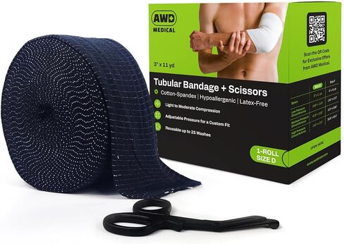 Elasticated Tubular Support Bandage - Reusable Compression Wrap for Joint Pain Relief - Stockinette Tubing for Large Arm/Medium Ankle/Small Knee - Off-White (Size D - 3 inches x 11 Yards) + Scissors in Saudi Arabia