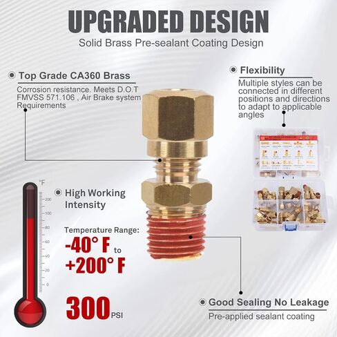 Brass DOT Air Brake Line Fittings 100PCS - 1/4" 3/8" 1/2" NPT Thread Tube Air Hose Fittings Repair Kit - for Truck Automotive or Industrial Air System in Kuwait