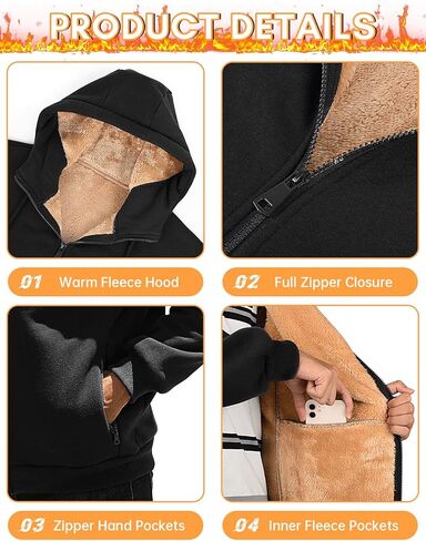 Fleece Hoodies for Men Heavyweight Winter Full-Zip Sweatshirt Sherpa Lined Hooded Thermal Jacket Thick Warm Coats in Saudi Arabia