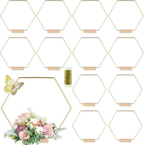 12 Pack Hexagonal Floral Hoops with Stand 12 Inch Metal Rings for DIY Centerpiece Table Decorations Crafts Macrame Ring Hoops Dream Catcher Rings Wedding Birthday Wreath Candle Rings Craft Hoops, Gold in Saudi Arabia