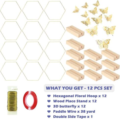 12 Pack Hexagonal Floral Hoops with Stand 12 Inch Metal Rings for DIY Centerpiece Table Decorations Crafts Macrame Ring Hoops Dream Catcher Rings Wedding Birthday Wreath Candle Rings Craft Hoops, Gold in Saudi Arabia