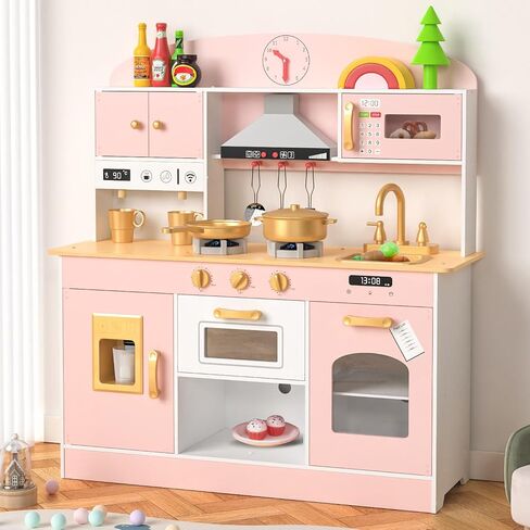 Wooden Play Kitchen Set, Pretend Play Kitchen with Lights and Sounds for Kids Ages 3+, Includes Stove, Oven, Microwave, Coffee Maker, and Accessories, Toy Kitchen Set for Toddlers (Blue) in Saudi Arabia