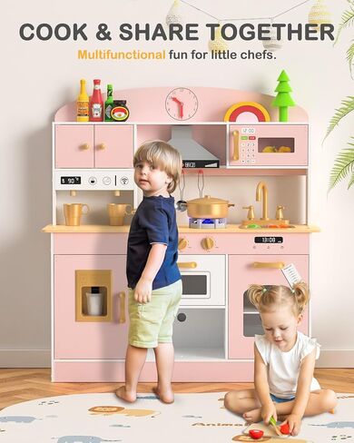 Wooden Play Kitchen Set, Pretend Play Kitchen with Lights and Sounds for Kids Ages 3+, Includes Stove, Oven, Microwave, Coffee Maker, and Accessories, Toy Kitchen Set for Toddlers (Blue) in Saudi Arabia