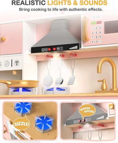Wooden Play Kitchen Set, Pretend Play Kitchen with Lights and Sounds for Kids Ages 3+, Includes Stove, Oven, Microwave, Coffee Maker, and Accessories, Toy Kitchen Set for Toddlers (Blue) in Saudi Arabia