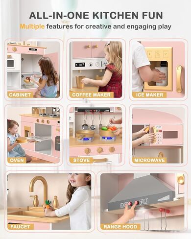 Wooden Play Kitchen Set, Pretend Play Kitchen with Lights and Sounds for Kids Ages 3+, Includes Stove, Oven, Microwave, Coffee Maker, and Accessories, Toy Kitchen Set for Toddlers (Blue) in Saudi Arabia