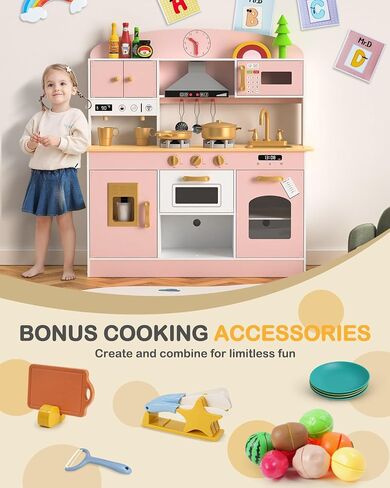 Wooden Play Kitchen Set, Pretend Play Kitchen with Lights and Sounds for Kids Ages 3+, Includes Stove, Oven, Microwave, Coffee Maker, and Accessories, Toy Kitchen Set for Toddlers (Blue) in Saudi Arabia