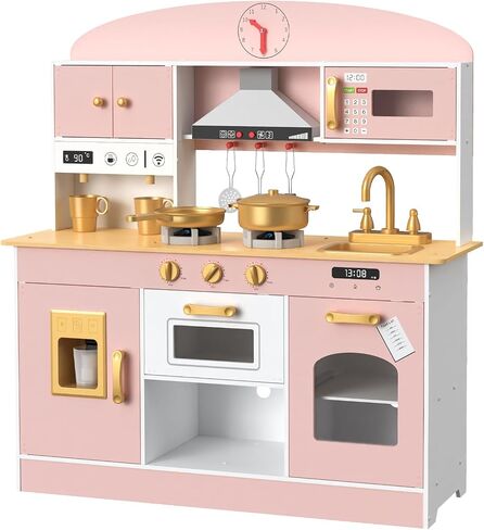 Wooden Play Kitchen Set, Pretend Play Kitchen with Lights and Sounds for Kids Ages 3+, Includes Stove, Oven, Microwave, Coffee Maker, and Accessories, Toy Kitchen Set for Toddlers (Blue) in Saudi Arabia