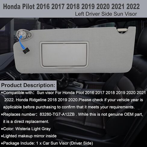 NHILES Left Driver Side Sun Visor Fits for Honda Pilot 2016-2022 Honda Ridgeline 2018-2020 Replacement Sun Shade # 83280-TG7-A12ZB (Wisteria Light Gray) in Kuwait