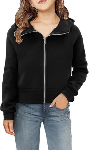 Yoklass Girls Zip Up Hoodie Croppred Sweatshirts Casual Long Sleeve Thumb Hole Jacket 4-13 Years in Kuwait